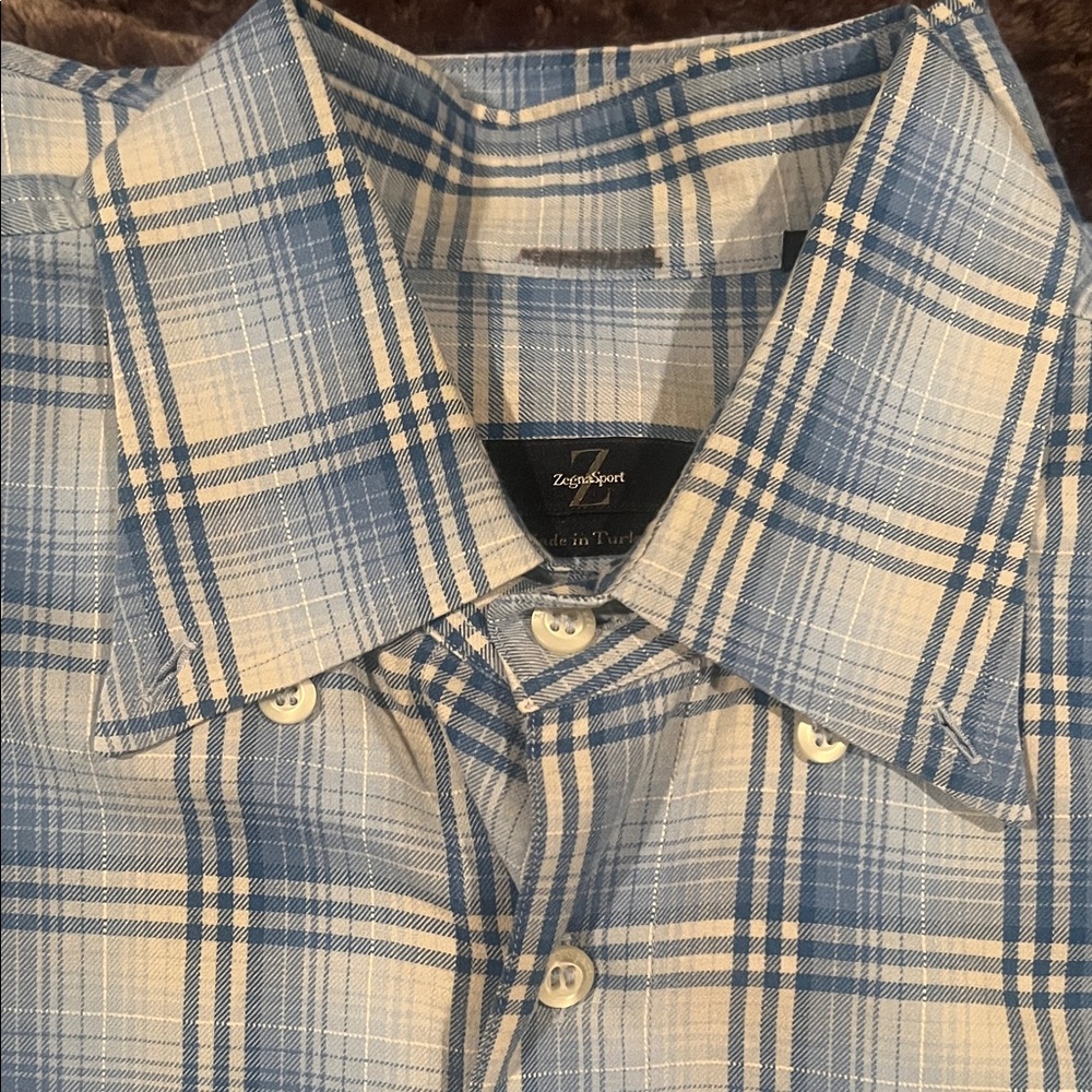 Zegna Sport Blue Checkered Men's Casual Shirt